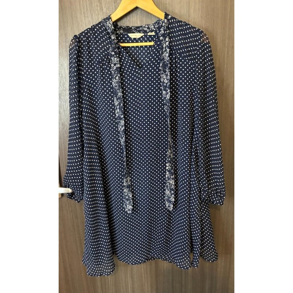 11.1 TYLHO Mini Dress Anthro Medium Navy Polka Dot Pleated Tie Front Long Sleeve - Picture 1 of 16